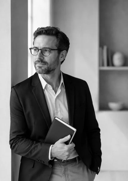 An expert in glasses holding a notebook, standing in a quiet studio
