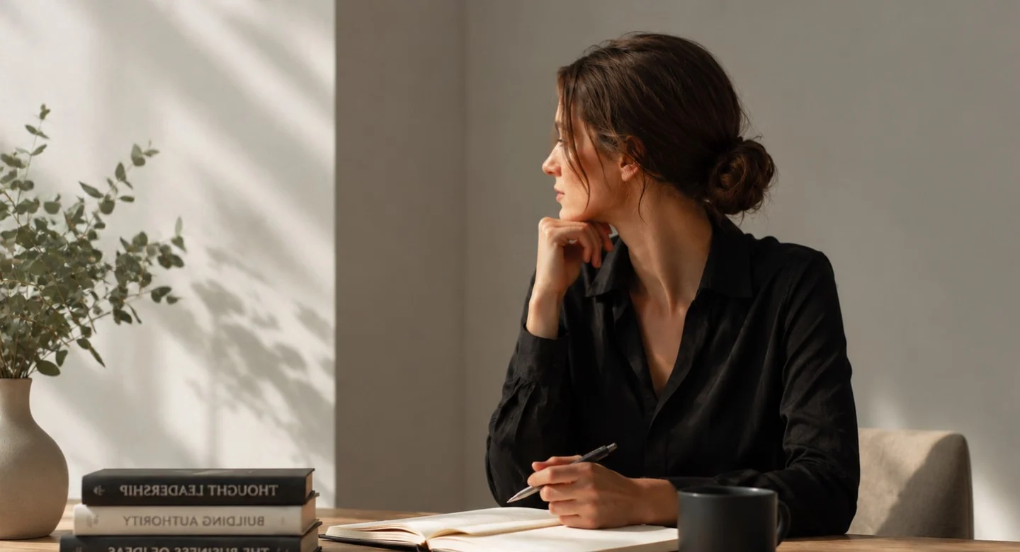 An author at a sunlit desk with an open notebook and a stack of books on thought leadership