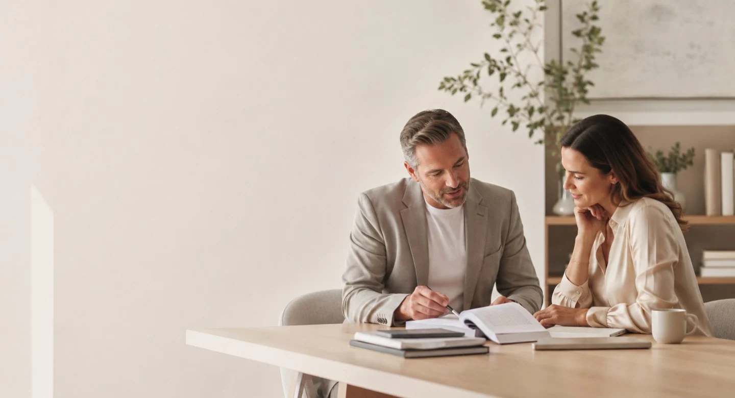 A consultant and a client reading a manuscript together across a table