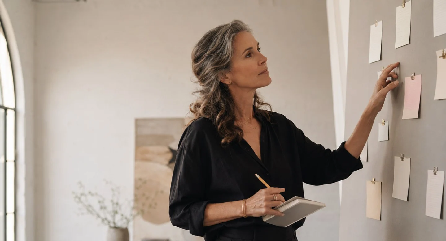 An author pinning chapter notes to a studio wall