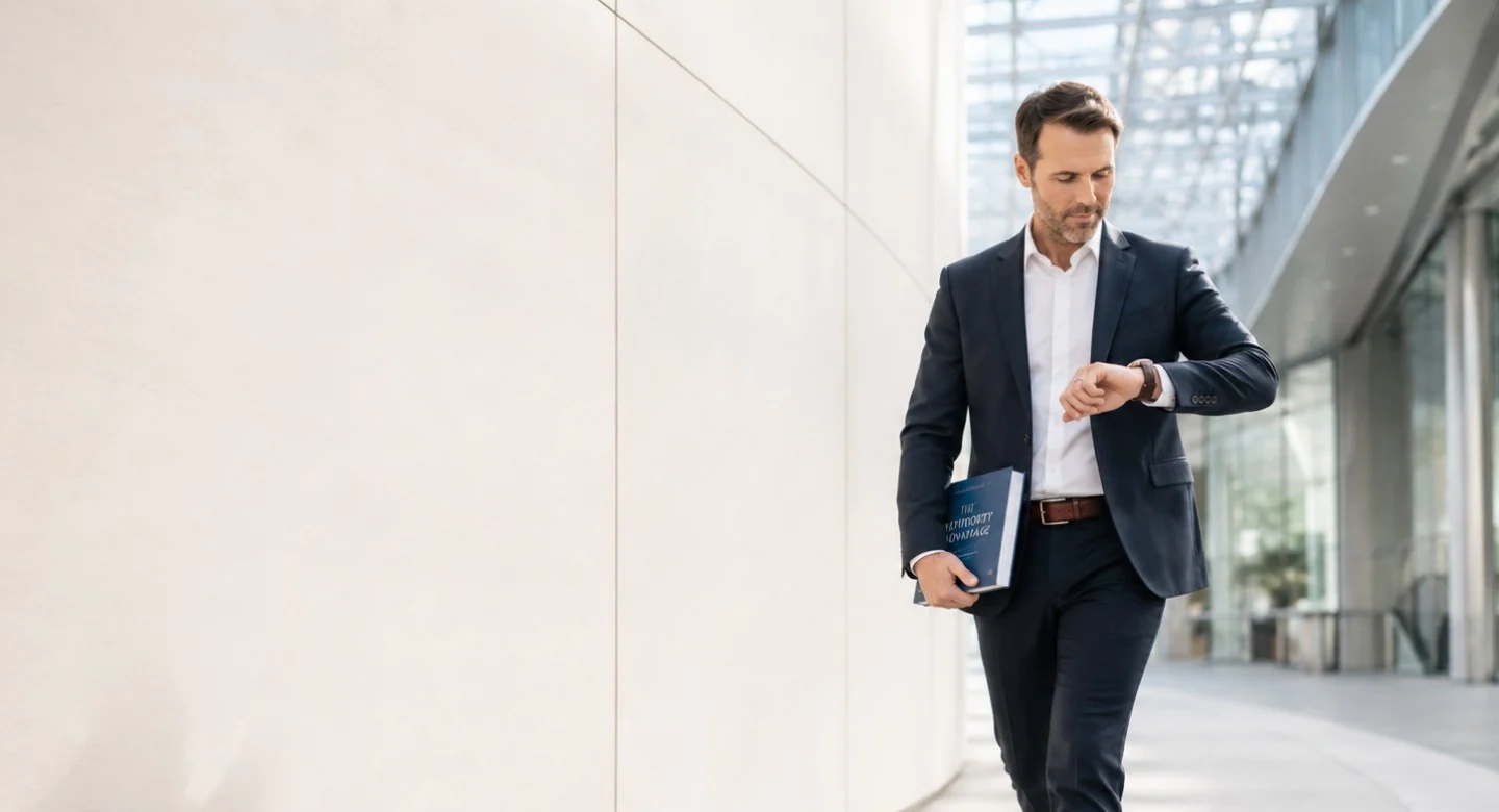 An executive walking through an atrium, checking his watch, a book under his arm