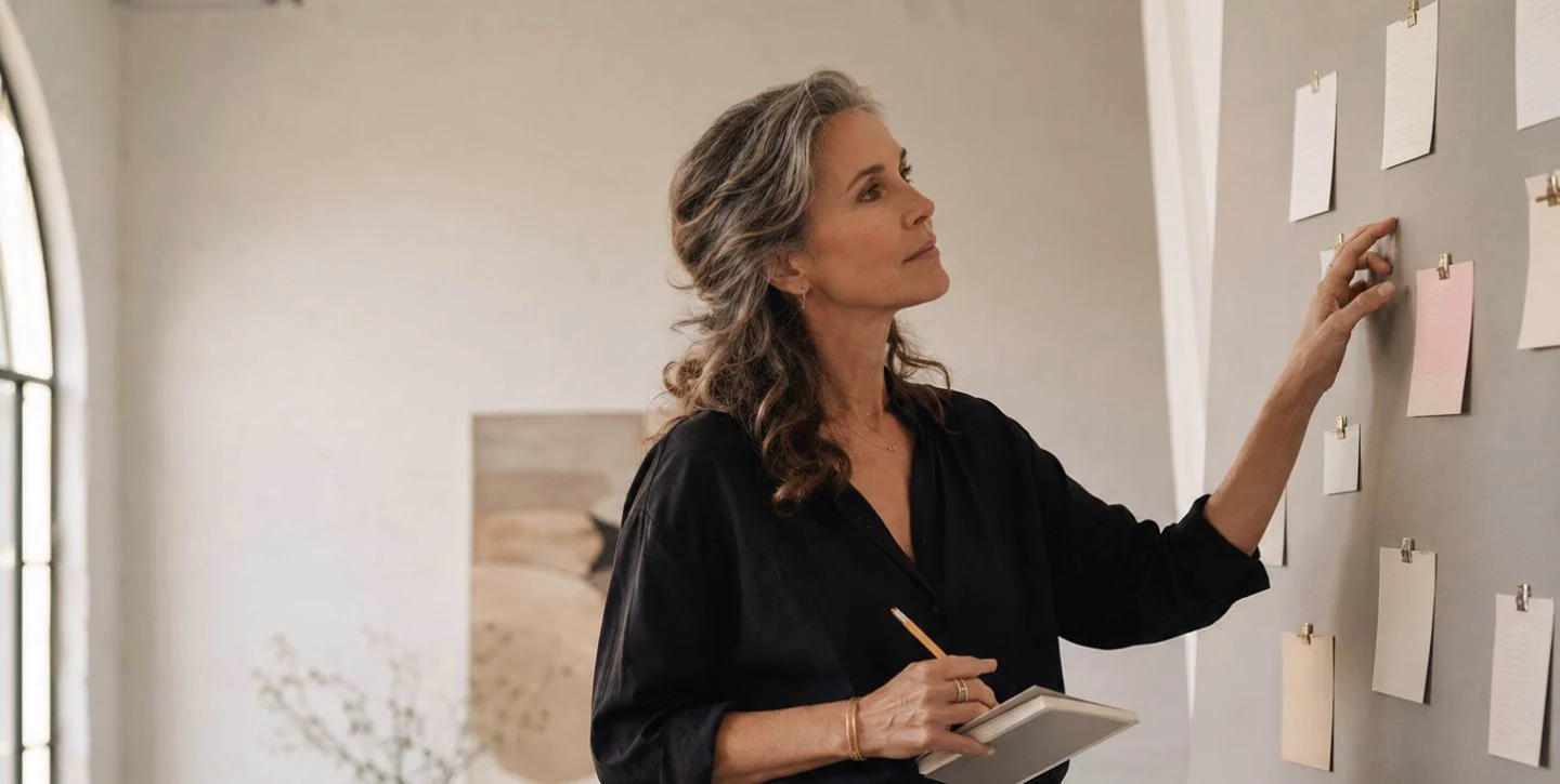 An author pinning chapter notes to a studio wall