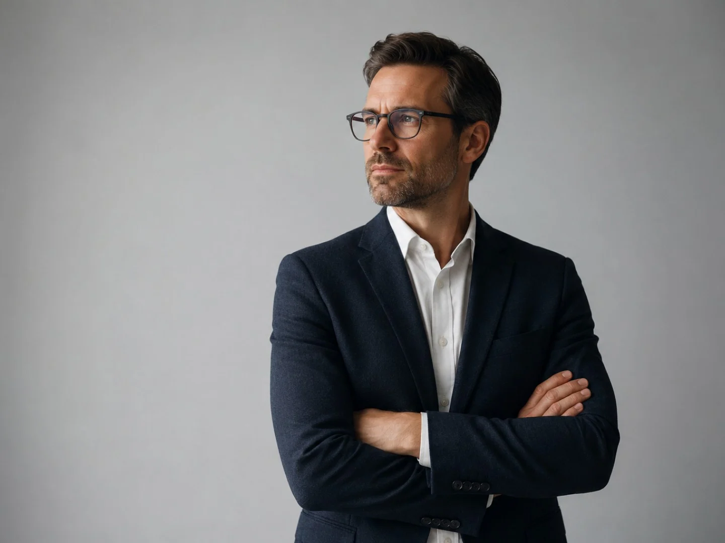 A bearded man in glasses and a dark jacket, arms folded, looking away from the camera