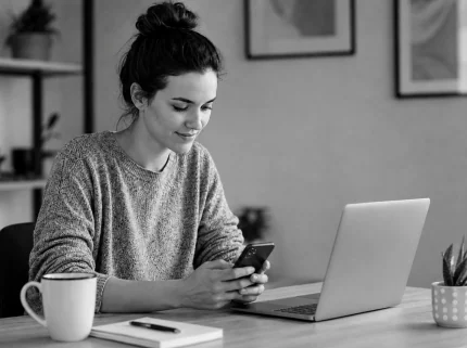 A woman typing a message on her phone beside an open laptop