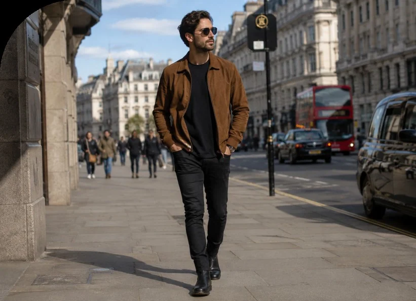 A man in a suede jacket walking down a London street, the opening frame of our introduction video