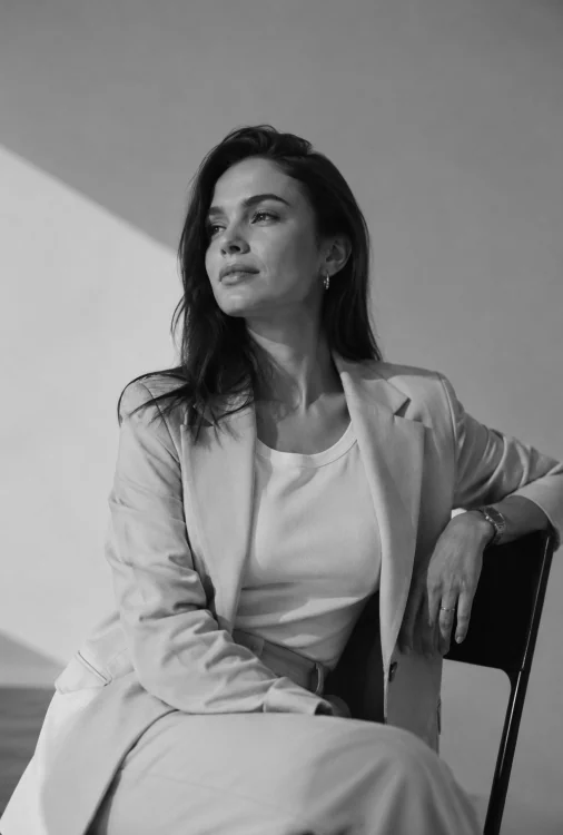 A business expert seated in a bright studio, photographed in black and white
