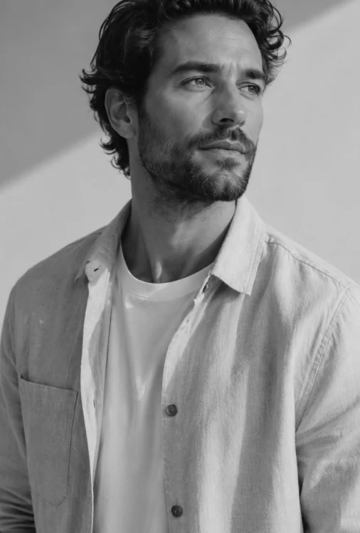 A wellness expert standing in daylight, photographed in black and white