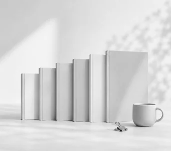 Six plain grey books standing in a rising row beside a mug