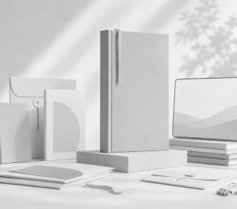 A grey book display with a monitor, envelopes and printed material arranged around it