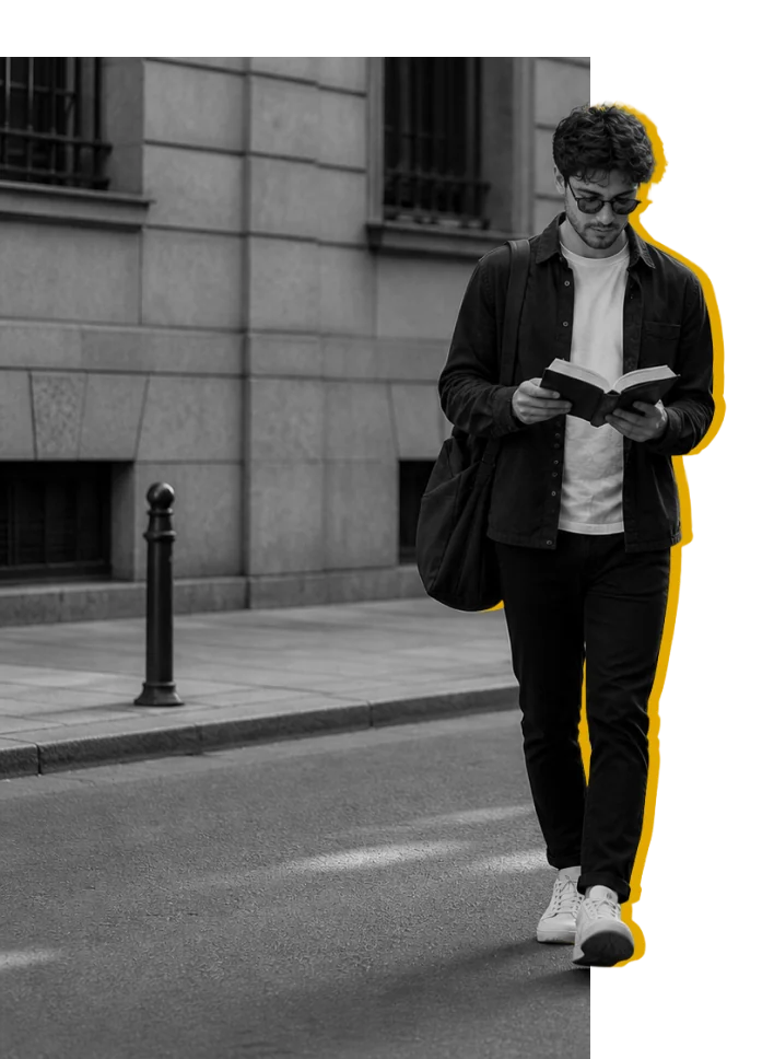 A man walking along a city street reading a book, traced by a hand-drawn amber outline