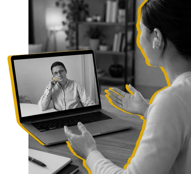 A woman on a video call at her laptop, traced by a hand-drawn amber outline