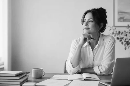 An author looking up from her notebook at a desk by a window