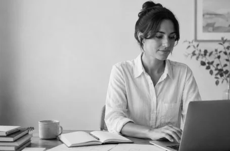 An author typing at her laptop beside an open notebook